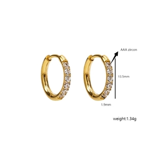 Detailed view of gold zircon hoop earrings with dimensions 13.5mm and 1.34g weight