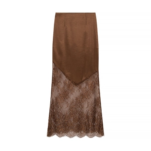 Gonna midi marrone in raso e pizzo con elegante spacco e bordo smerlato rifinito