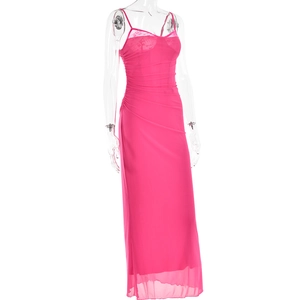 Detailed close-up of pink mesh long dress featuring lace patchwork and ruched design