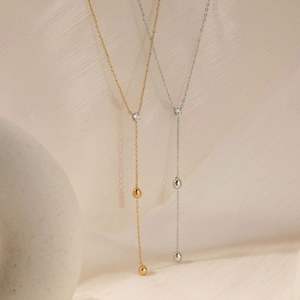 Stainless Steel Zircon Lariat Necklace For Women Elegant Y-Shaped Long Water Drop Pendant Waterproof Jewelry