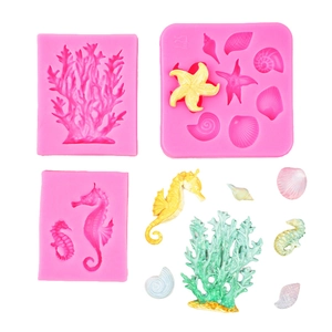 Detailed pink silicone sea creatures mold with seahorse coral and seashell shapes