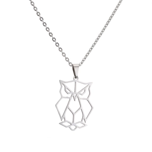 Minimalist silver stainless steel necklace with geometric owl pendant on white background