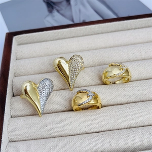 Adjustable 18K gold plated heart and bow rings with zircon stones in jewelry box