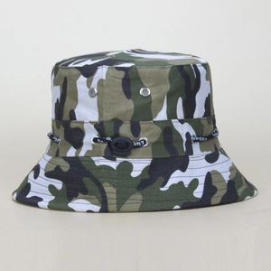 Detail of camouflage bucket hat featuring adjustable sport drawstring and metal eyelets