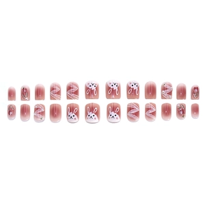 Faux ongles dégradé rose avec motifs lapin, tulipes et perles, coffret de 24 pièces