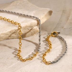 Two-tone mixed link necklace and bracelet set in gold and silver finish with T-bar clasp