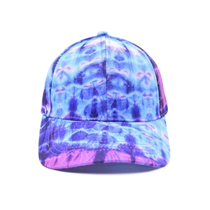 Detailed top view of a classic baseball cap featuring blue and purple tie-dye patterns