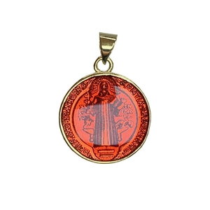 Saint Benedict Medal pendant with red enamel inlay and gold-tone finish on white background