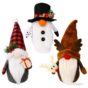 Three plush Christmas gnomes featuring plaid hats and reindeer antlers for home decor
