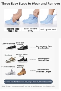 Detailed guide for waterproof silicone shoe covers with size chart and wear instructions