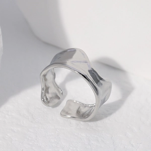 Minimalist silver irregular wave stainless steel open ring with polished textured finish