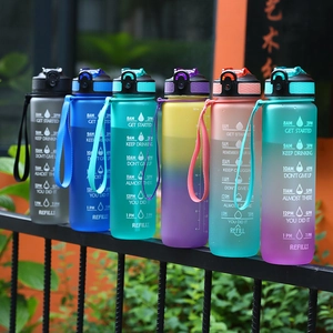 Gradient Motivational Sports Water Bottle With Time Marker Leakproof Frosted Plastic Fitness Jug With Straw For Gym
