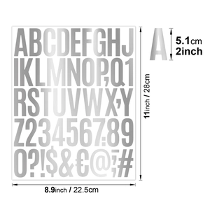 Close-up of 2 inch silver metallic letter and number stickers showing precise dimensions