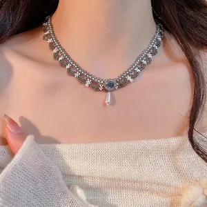 Retro Lace Beaded Choker Necklace With Blue Glass Stone And Water Drop Imitation Artificial Pearl Pendant Handmade Ethnic Style For Women