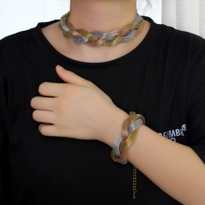 Three-tone braided metal mesh choker necklace and bracelet set in gold, silver, and rose gold