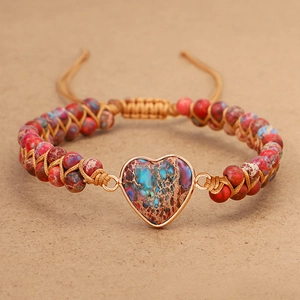 Handmade boho wrap bracelet with heart emperor stone and colorful natural jasper beads