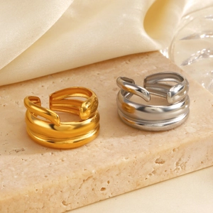 Chunky Multi Layer Line Ring Stainless Steel 18K Gold Plated Adjustable Open Ring For Women Hip Hop Style