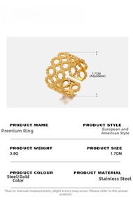 Detailed size chart and specifications for the gold stainless steel honeycomb open ring