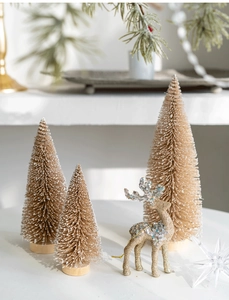 Chic champagne sisal Christmas trees and golden glitter reindeer festive decor set