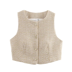 Women's chic beige tweed sleeveless vest top with vintage gold buttons in a textured weave