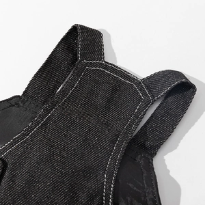 Black denim dog dress with white contrast stitching and durable shoulder strap design
