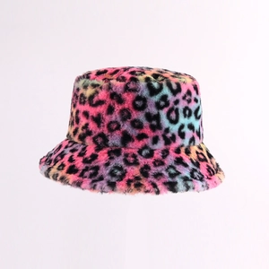Macro detail of the colorful leopard print faux fur texture on a thick bucket hat