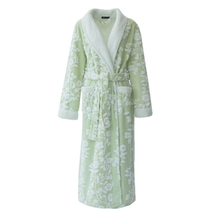 Thick light green flannel bathrobe with white floral patterns and plush collar