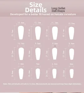 Size chart showing dimensions for 12 sizes of long coffin shape gradient press-on nails