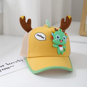 Detail of kids breathable mesh baseball cap with cute 3D antlers and dragon patch