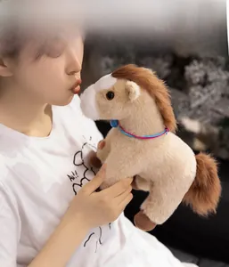 Detailed view of a soft brown and white plush pony doll with red and blue neck rope