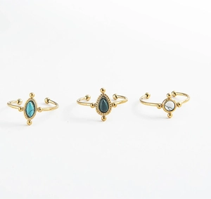 Detailed view of three vintage 18K gold stainless steel rings with green turquoise stones
