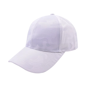 Detail of white baseball cap with subtle camouflage pattern and six-panel stitching