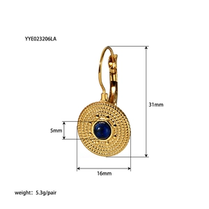 Detailed size map of gold vintage lever-back earrings with blue lapis lazuli stones