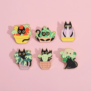 Detailed set of six black cat enamel pins featuring various potted plants and cacti