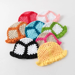 Handmade Crochet Bucket Hat For Women Sweet Ruffle Hollow Out Knit Fisherman Hat Winter Warm Acrylic Sun Hat Contrast Color
