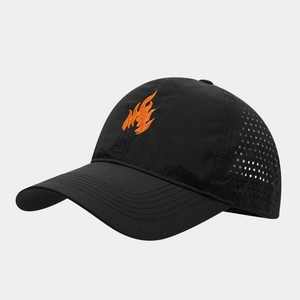 Detail of laser-cut ventilation holes and flame embroidery on a black quick-dry baseball cap