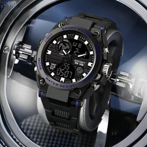 Macro shot of dual-display waterproof sports watch with blue accents and digital LCD
