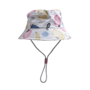 Kids wide brim sun hat with cute fruit pattern and adjustable white chin strap