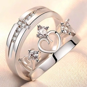 Adjustable couple ring with crown and heart design, platinum plated silver with crystals
