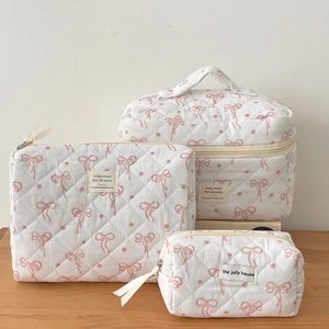 Quilted Cotton Makeup Bag Pink Bow Floral Pattern Large Capacity Portable Cosmetic Organizer Travel Toiletry Case For Women