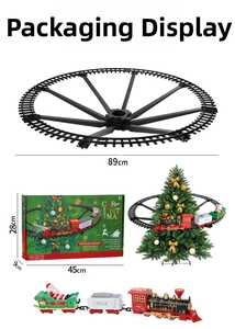 Macro detail of the 89cm diameter suspended Christmas train track with retro train sets