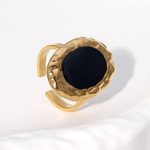 Vintage gold hammer textured ring with black oval enamel centerpiece for women
