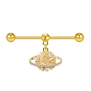 Golden industrial barbell with zircon-encrusted orbit pendant and textured disc charm