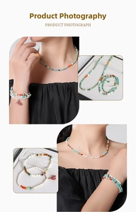Detail of bohemian turquoise beaded necklace and multi-layer tassel bracelet set for women