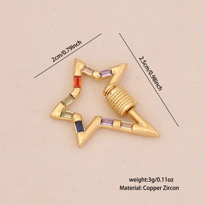 Detail of star-shaped gold copper charm with multi-colored zircon stones and dimensions