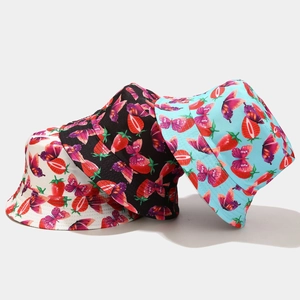 Strawberry Butterfly Print Women Bucket Hat Cotton Polyester Foldable Wide Brim Sunshade Outdoor Summer Fashion Flat Top