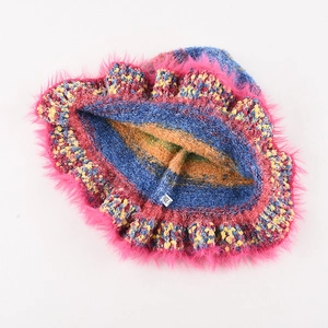 Colorful oil painting gradient knitted bucket hat with pink faux fur trim and rainbow lining