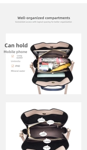 Detail view of internal compartments and pockets in a contrast-color leather tote bag