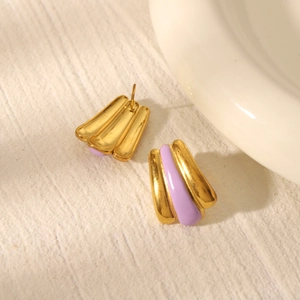 Detailed close-up of 18k gold plated stainless steel wavy earrings with purple enamel