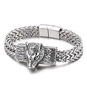 Men's hip hop wolf head stainless steel braided link chain bracelet in silver finish